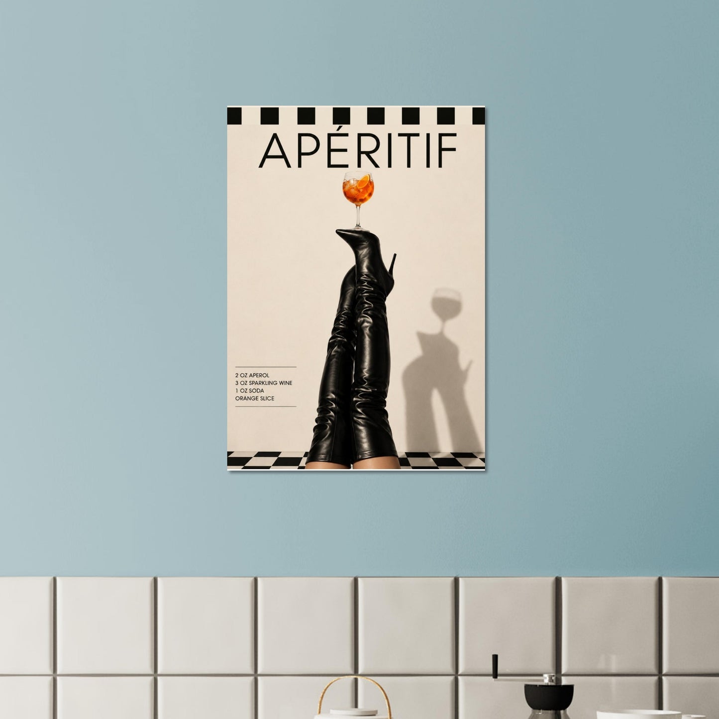 Minimalist aperitif wall art displayed on a light blue wall with modern gallery aesthetic