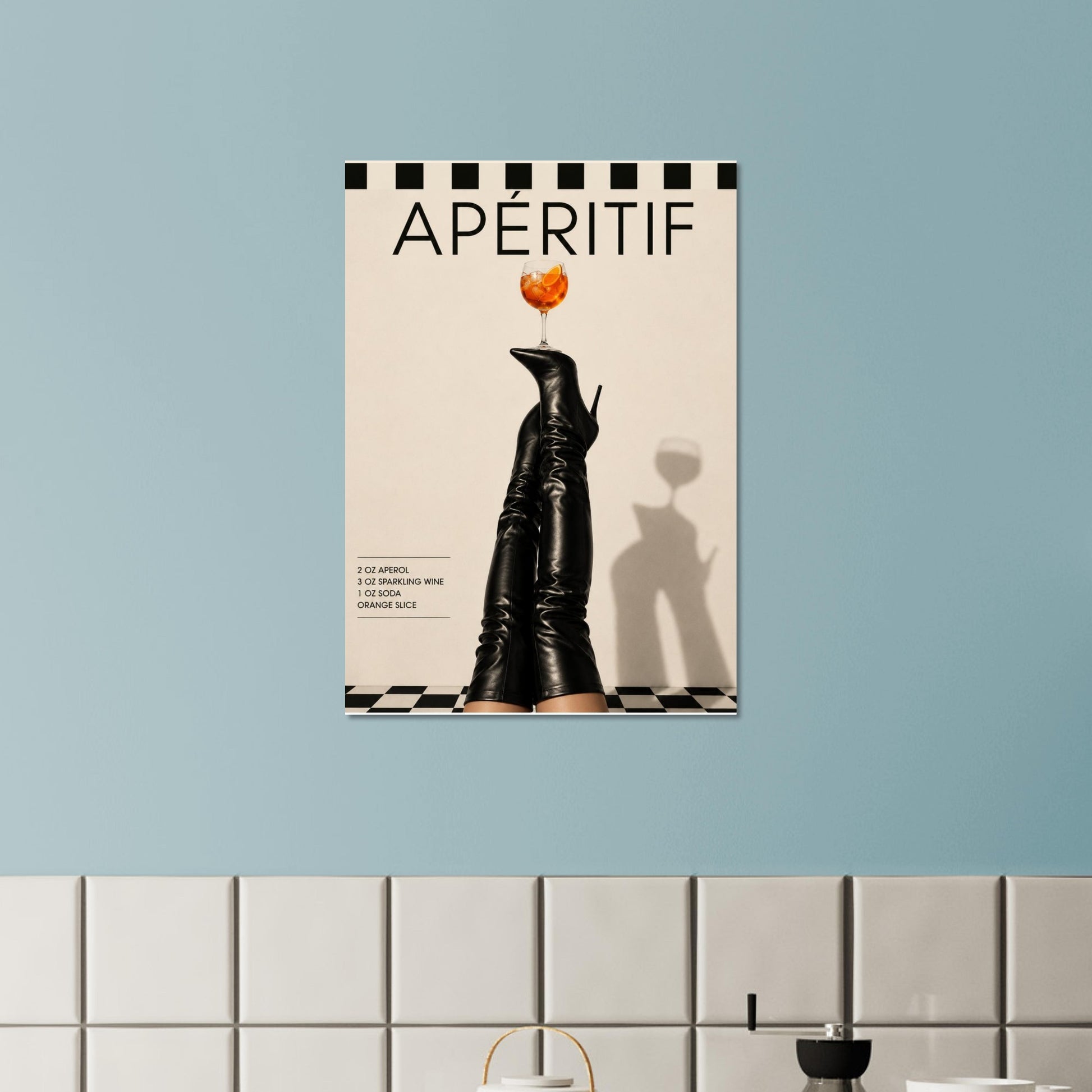 Minimalist aperitif wall art displayed on a light blue wall with modern gallery aesthetic