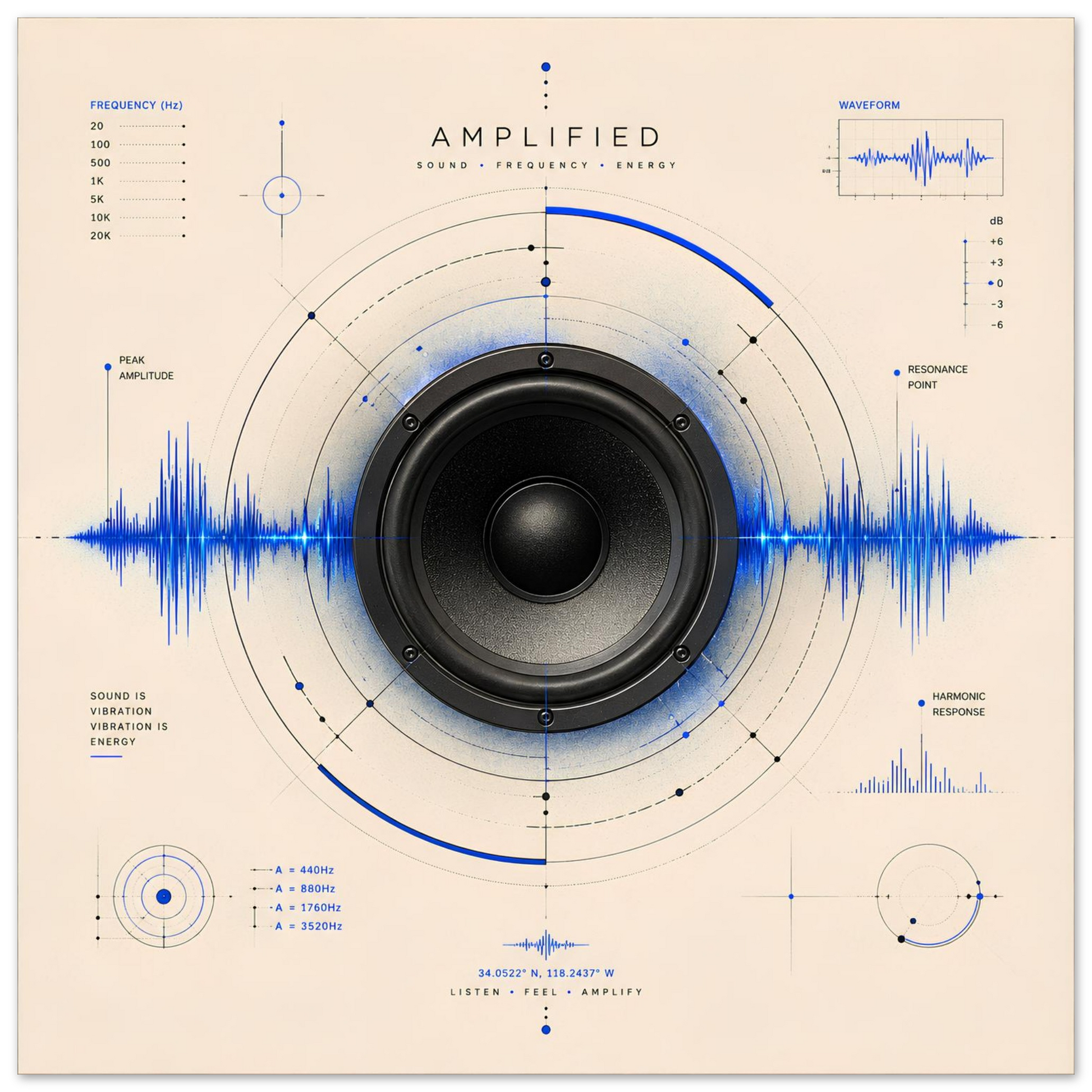 Close-up of the Amplified minimalist speaker poster featuring electric blue sound waves, frequency diagrams and geometric acoustic design.