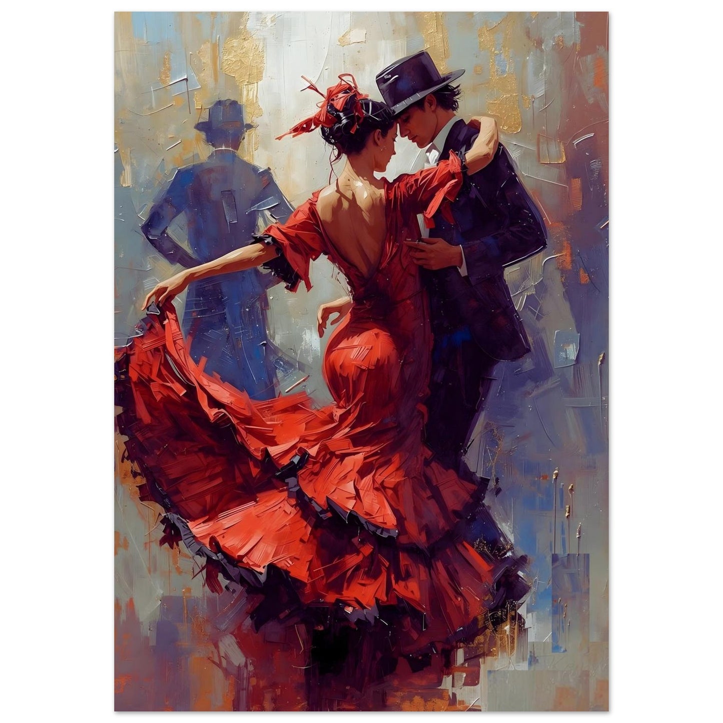 Painting of a couple dancing, one in a red dress and the other in a dark suit, with abstract background.
