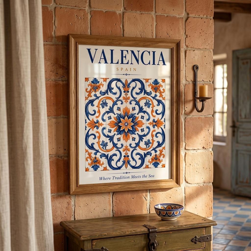 Valencia travel poster with decorative blue and orange tile artwork framed in a rustic Mediterranean-style room.