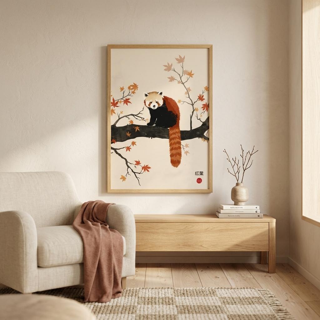 Framed artwork of a red panda on a branch in a living room setting.