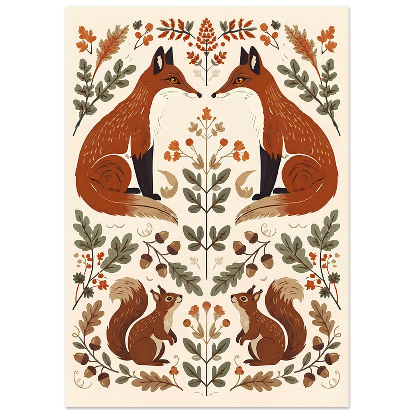 Close-up of Foxes & Ferns woodland wall art featuring red foxes, acorns, ferns and decorative folk art elements.