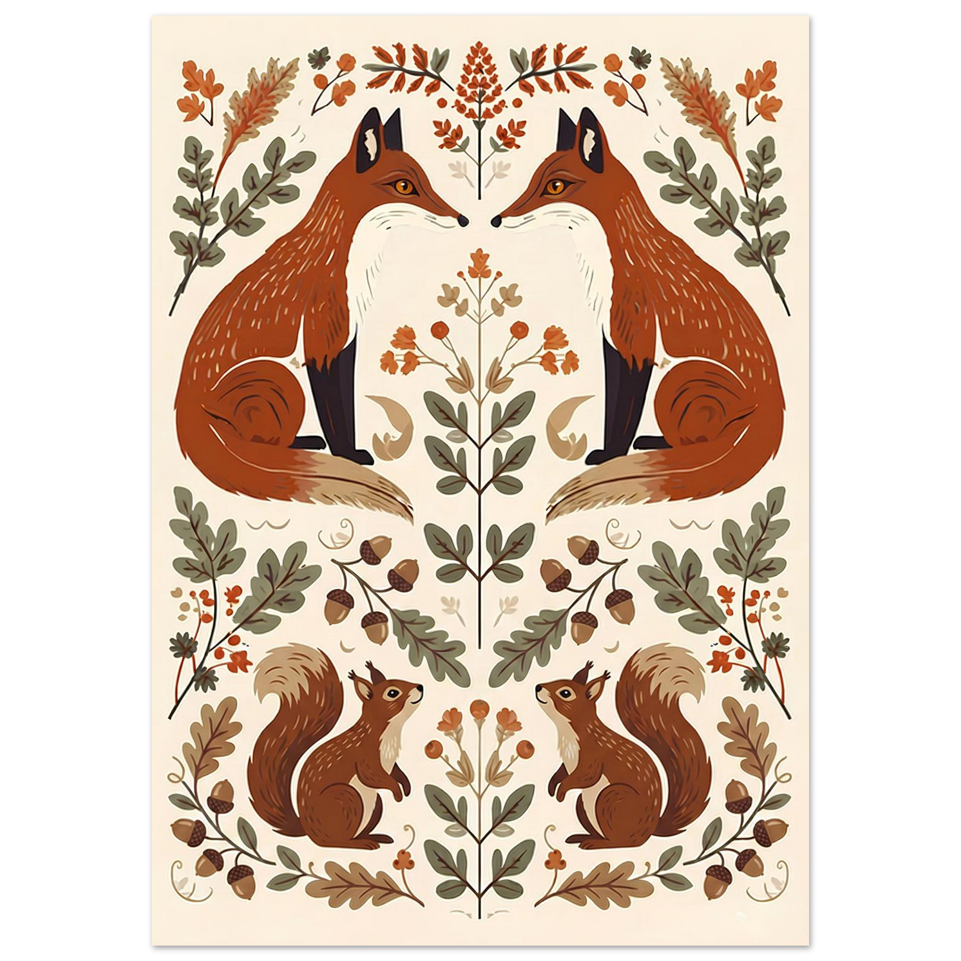 Close-up of Foxes & Ferns woodland wall art featuring red foxes, acorns, ferns and decorative folk art elements.
