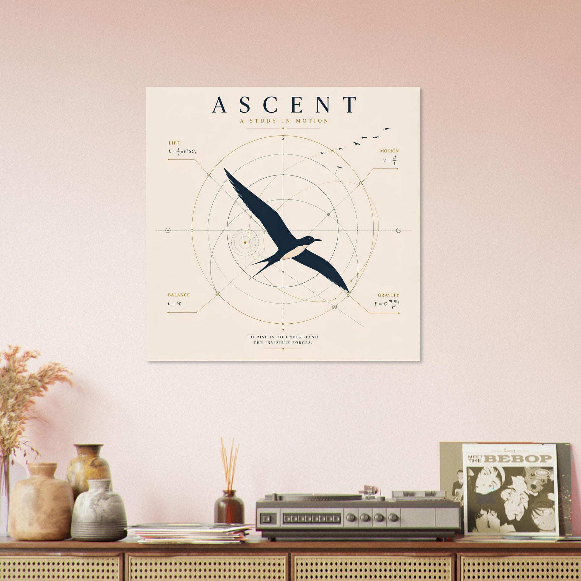 Minimalist bird wall art displayed above a contemporary sideboard in a bright Scandinavian-style living room.