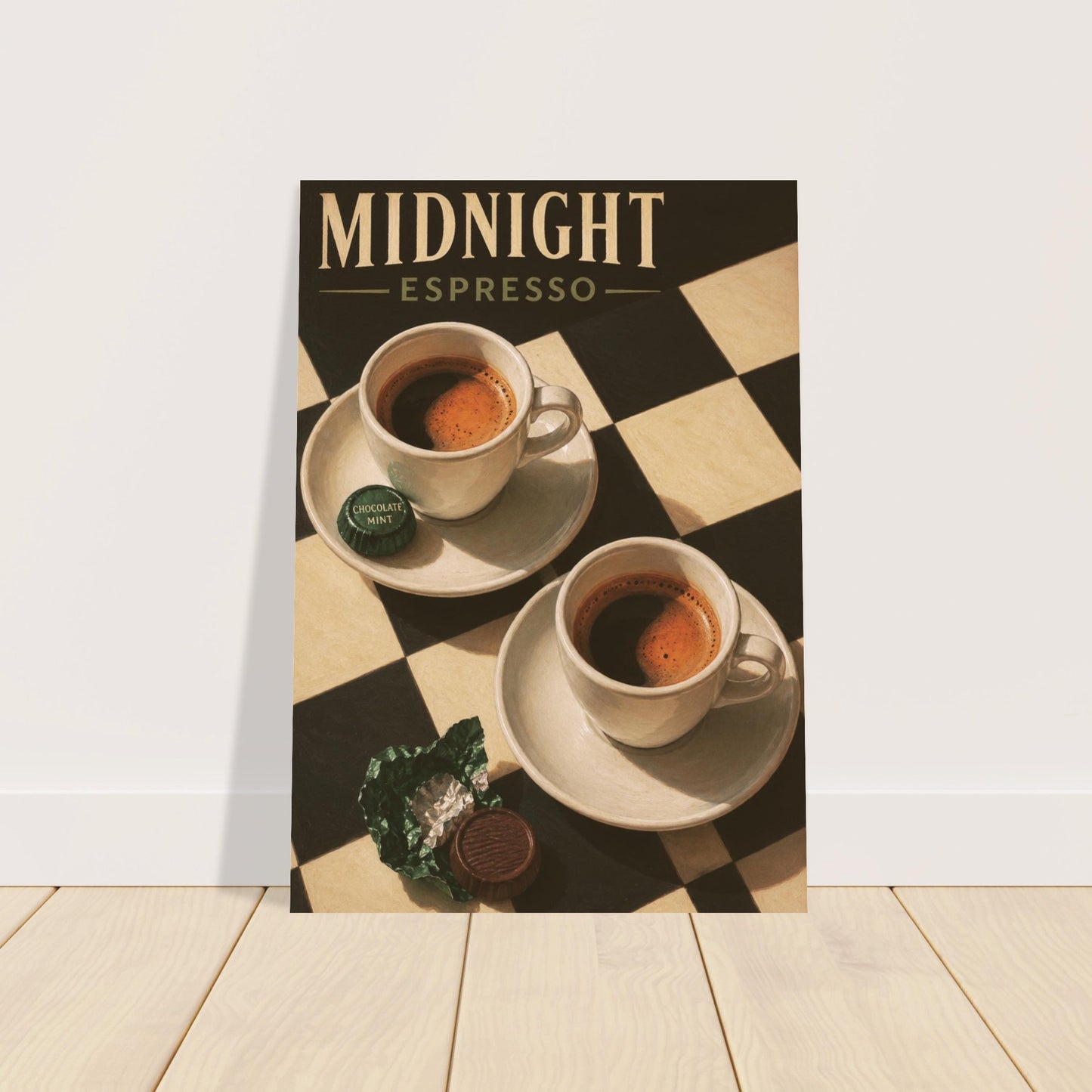 Midnight Espresso retro café poster displayed against a neutral wall above a light wooden surface.