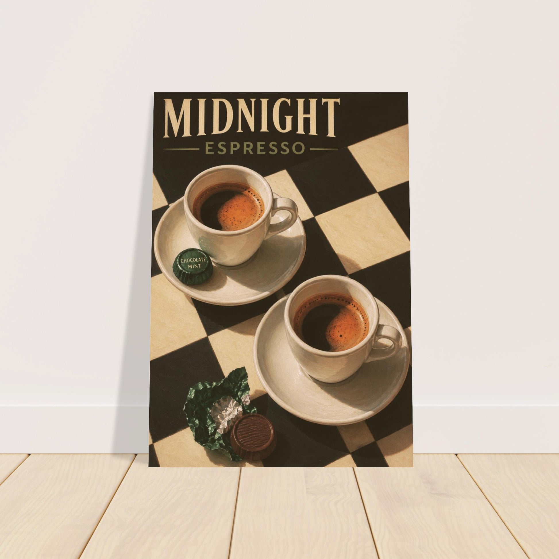 Midnight Espresso retro café poster displayed against a neutral wall above a light wooden surface.