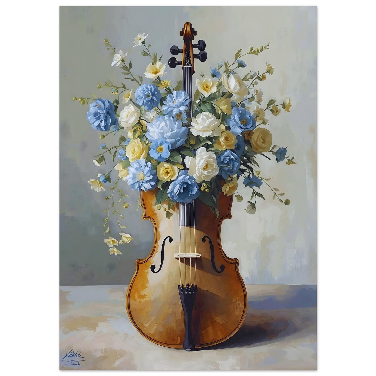 Painting of a violin with flowers inside on a light gray background