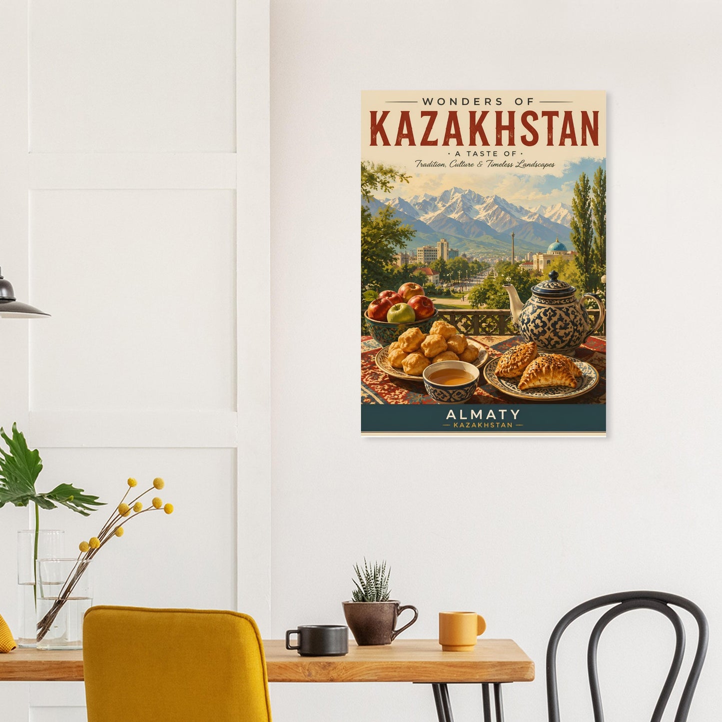 Poster of 'Wonders of Kazakhstan' on a wall above a table with chairs.