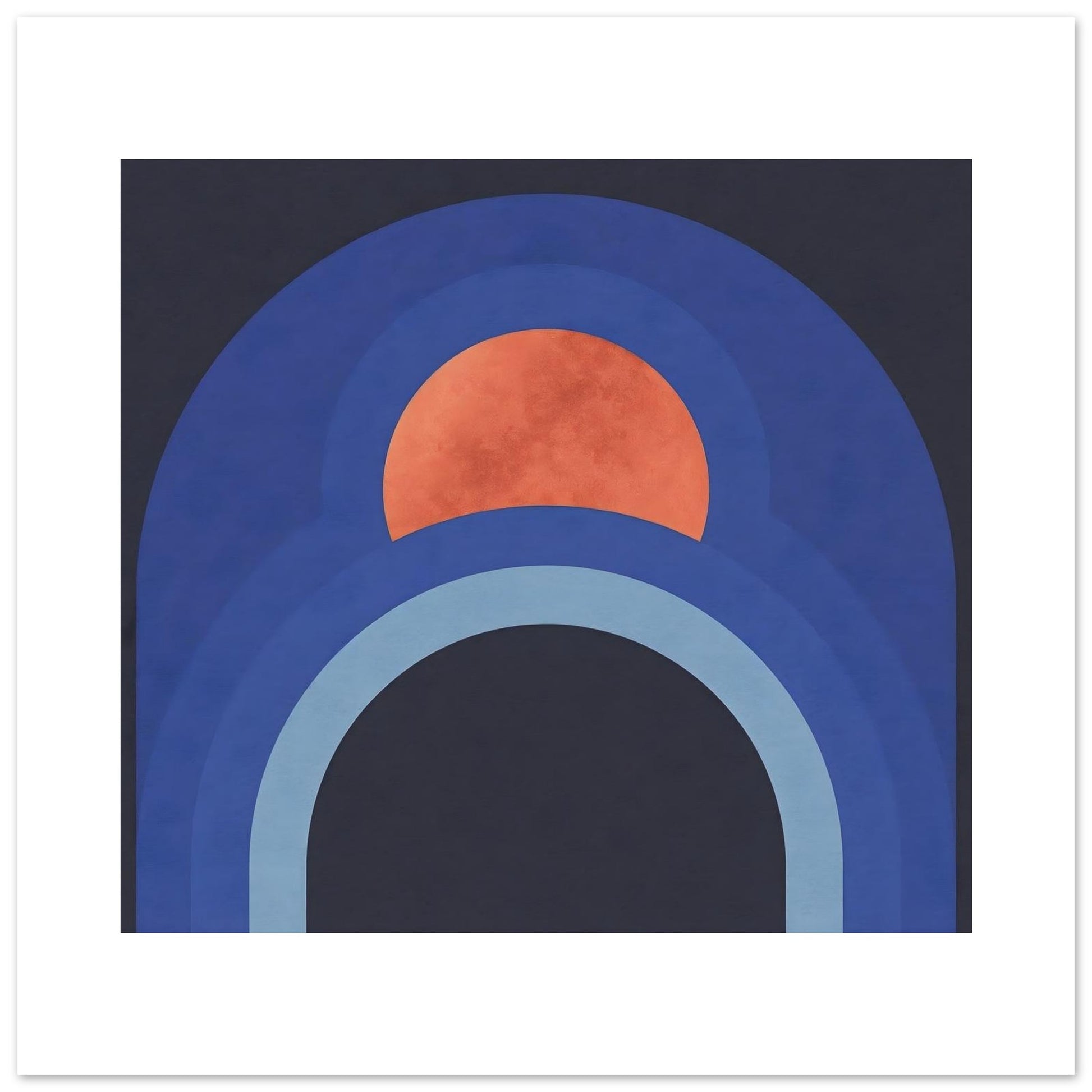 Close-up of modern abstract arch wall art with warm terracotta sun detail