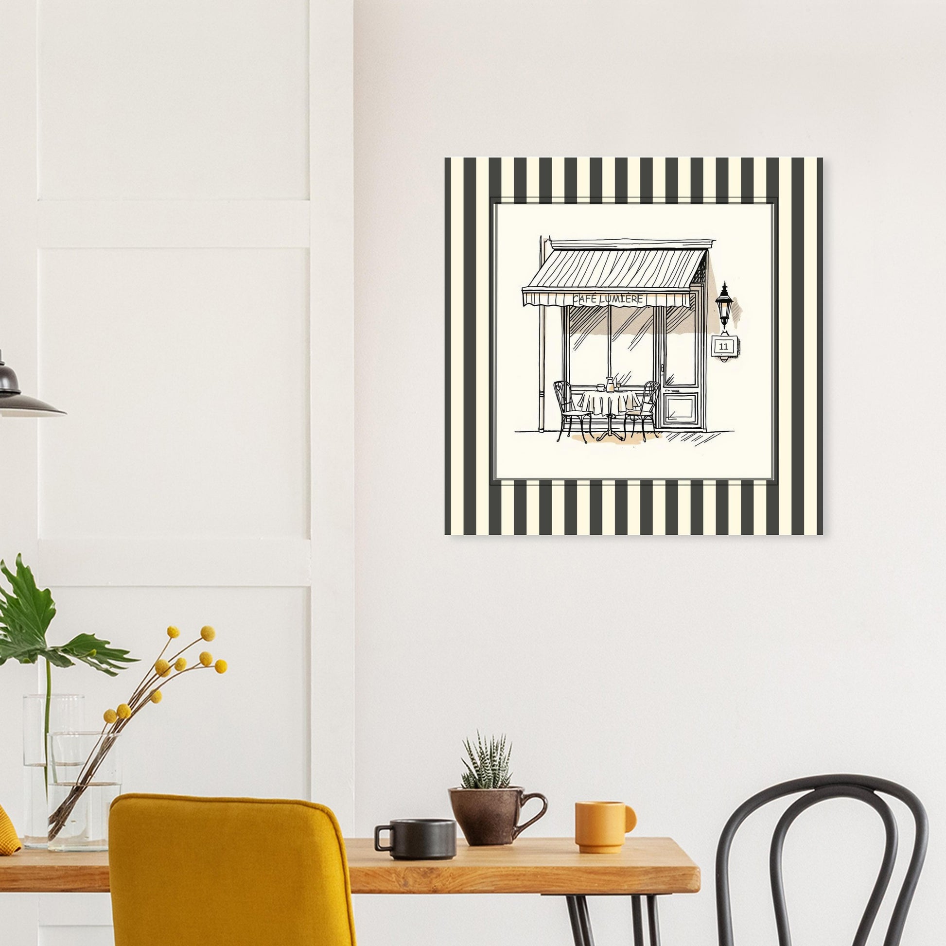 French café art print styled in contemporary dining room