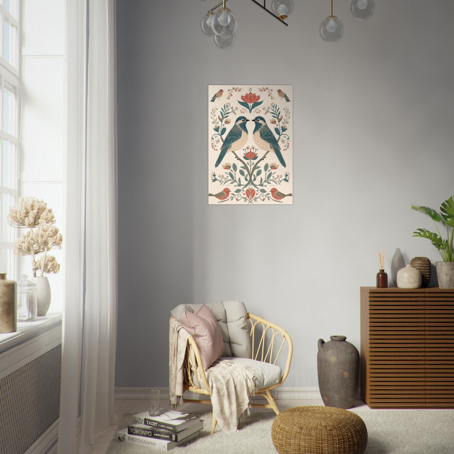 Botanical bird wall art print displayed in contemporary lounge with simple decor