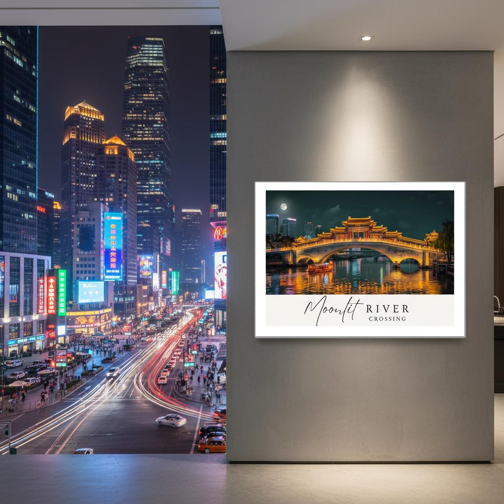 Framed photograph of a bridge over a river with 'Moonlit River Crossing' text, displayed on a wall next to a cityscape.