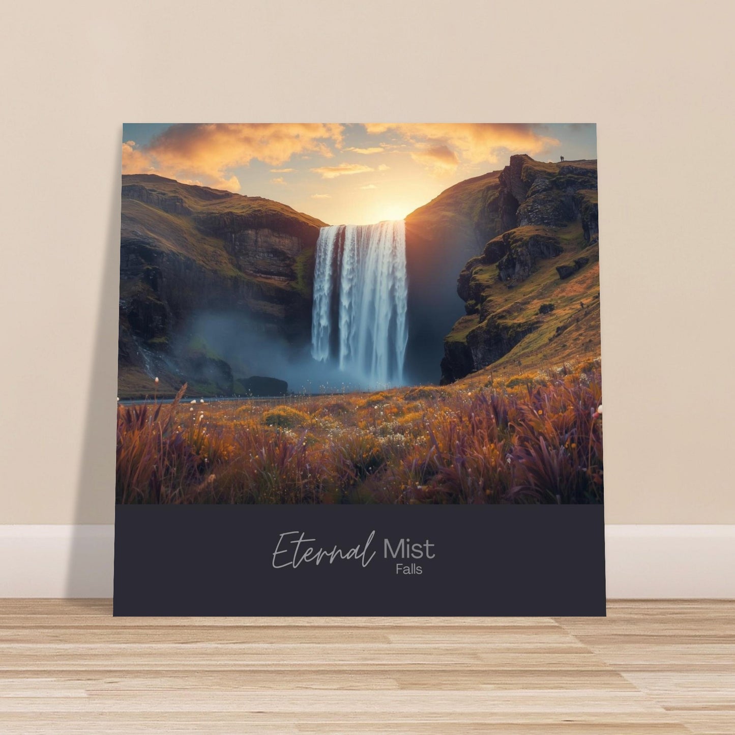 Canvas print of a waterfall with 'Eternal Mist Falls' text on a wall.
