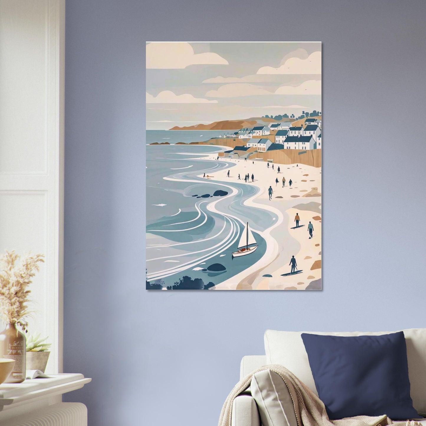 Coastal waves wall art print styled in a calm Scandinavian-inspired home interior