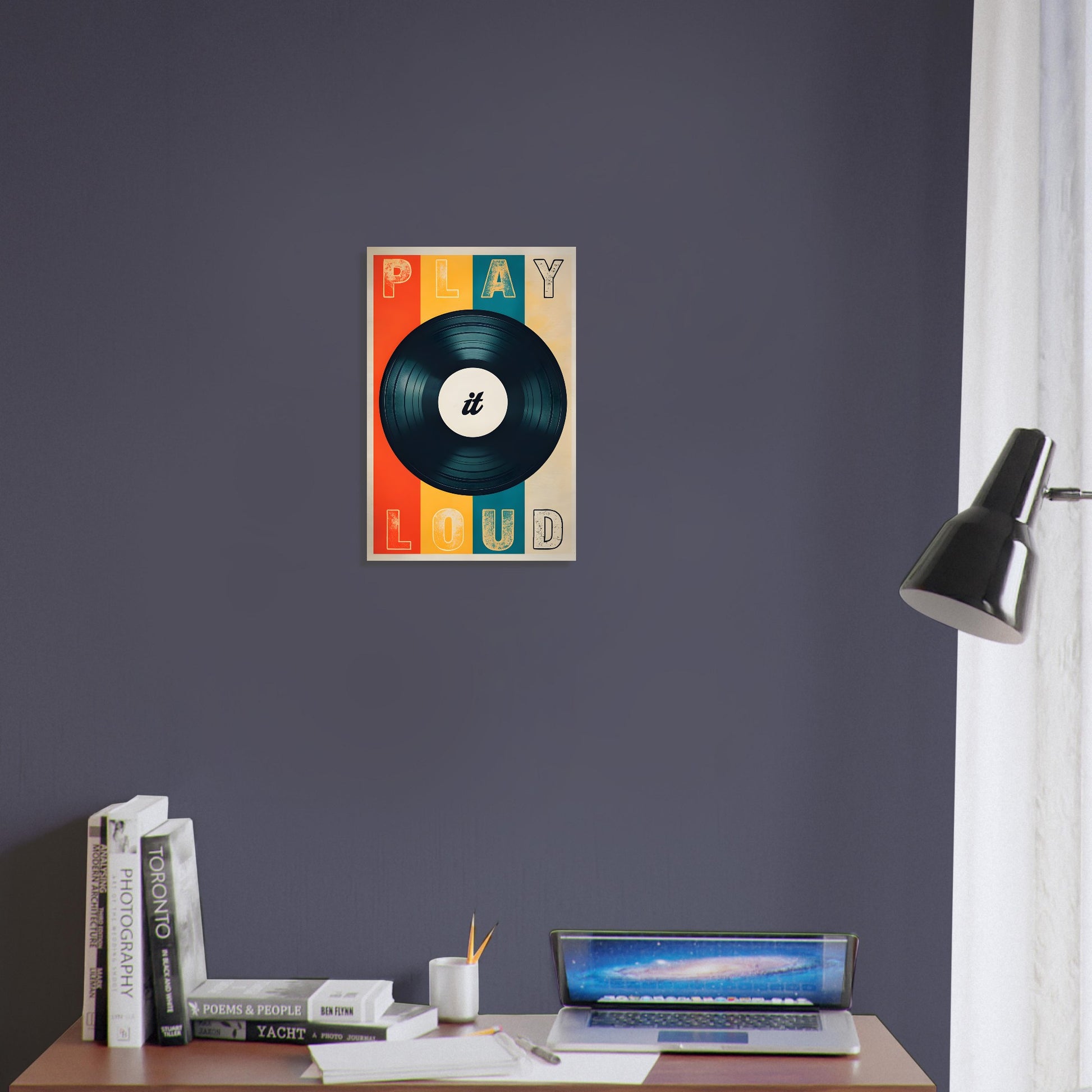 Retro wall art poster featuring a black vinyl record with colorful ˜Play It Loud™ typography in bold vintage style.