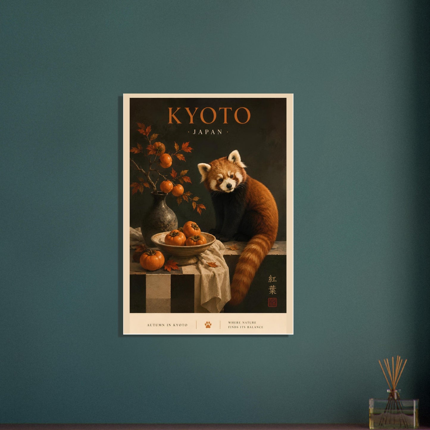Poster of a red panda in a still life setting with 'Kyoto, Japan' text on a teal wall.