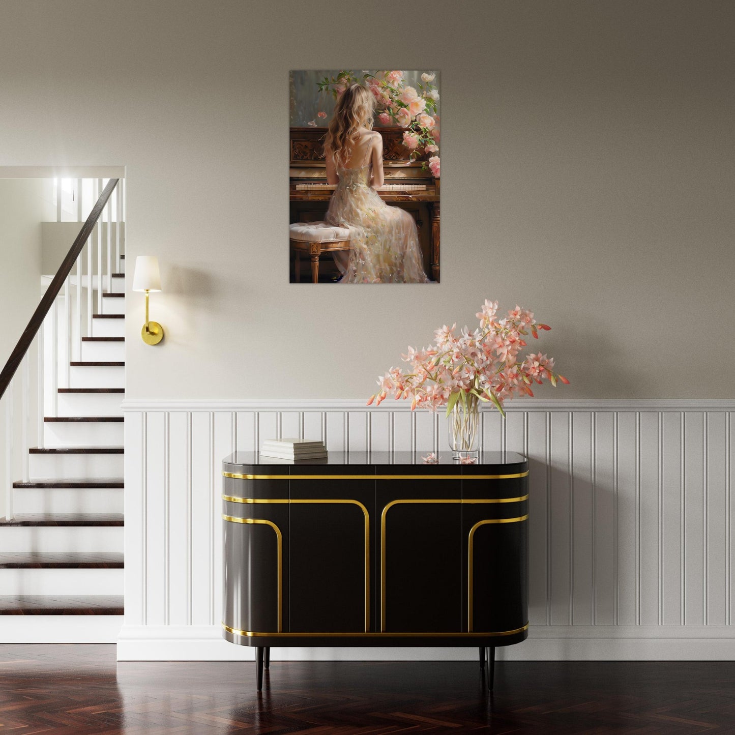 Romantic Piano Poster – Vintage Art Print of Woman with Flowers