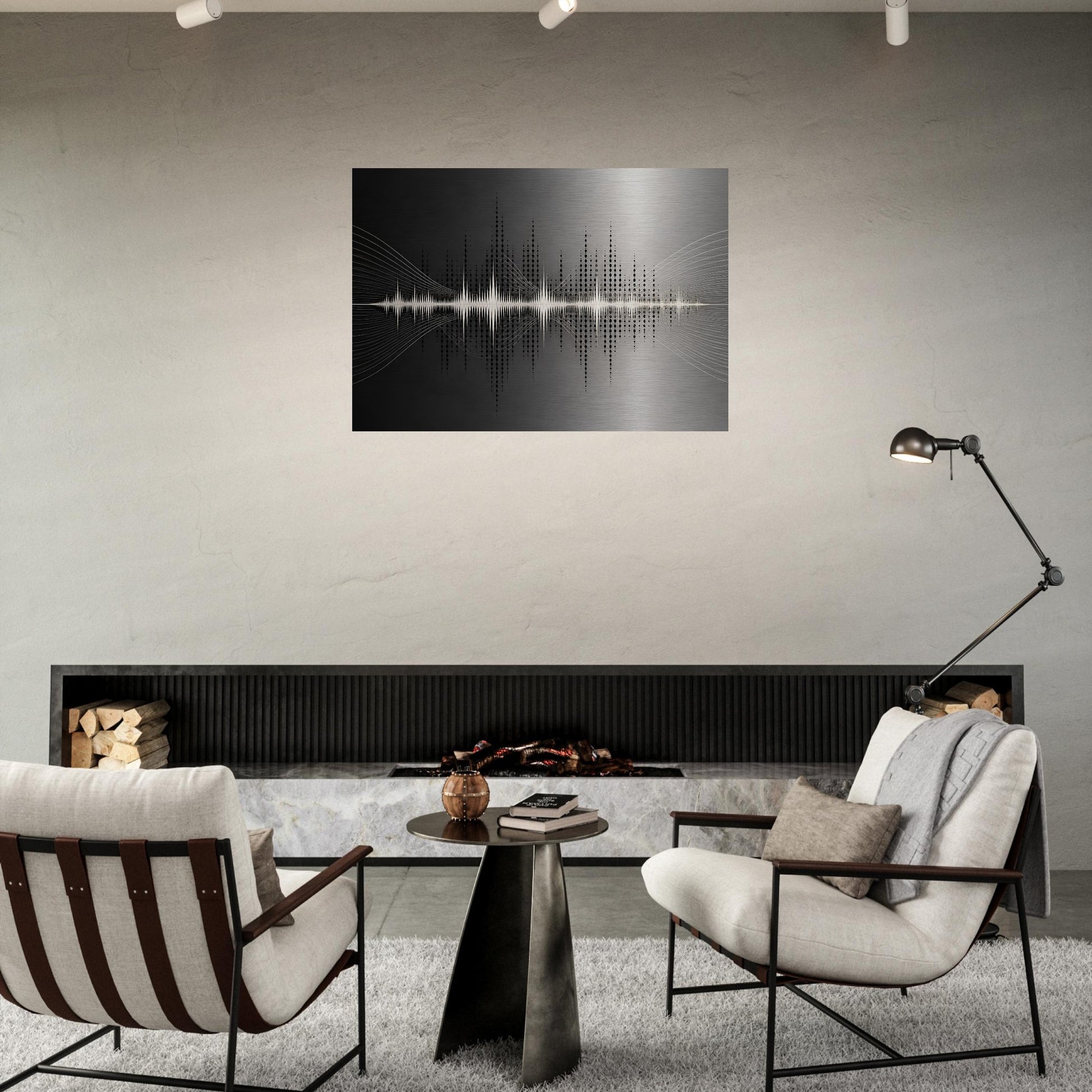 Black and silver abstract soundwave metal artwork displayed above a dark sofa in a contemporary living room.