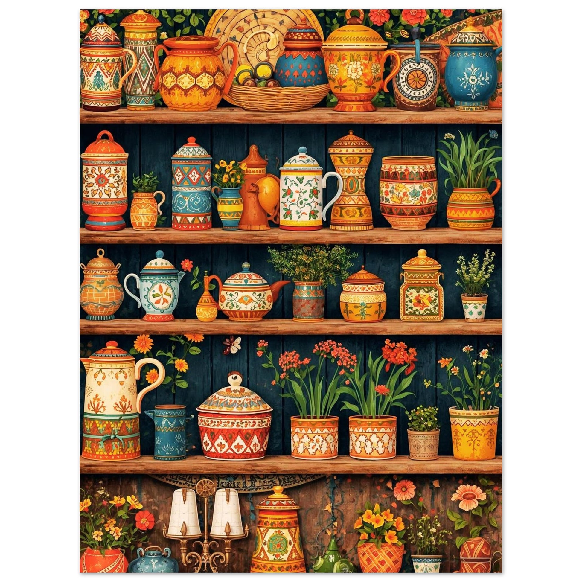 Colorful ceramic pots and vases on wooden shelves with a dark blue wall background.