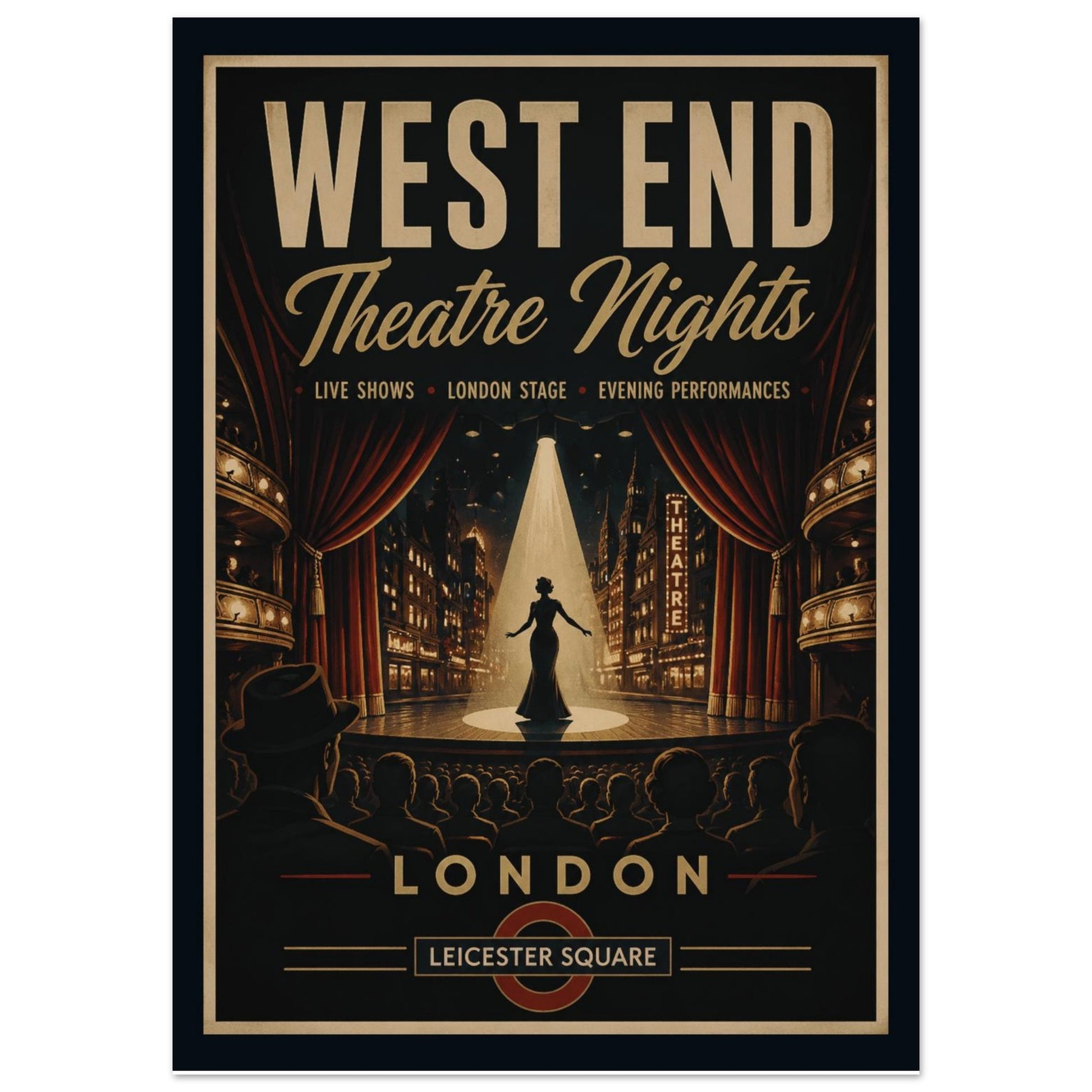Poster advertising West End Theatre Nights with a stage and curtain design.
