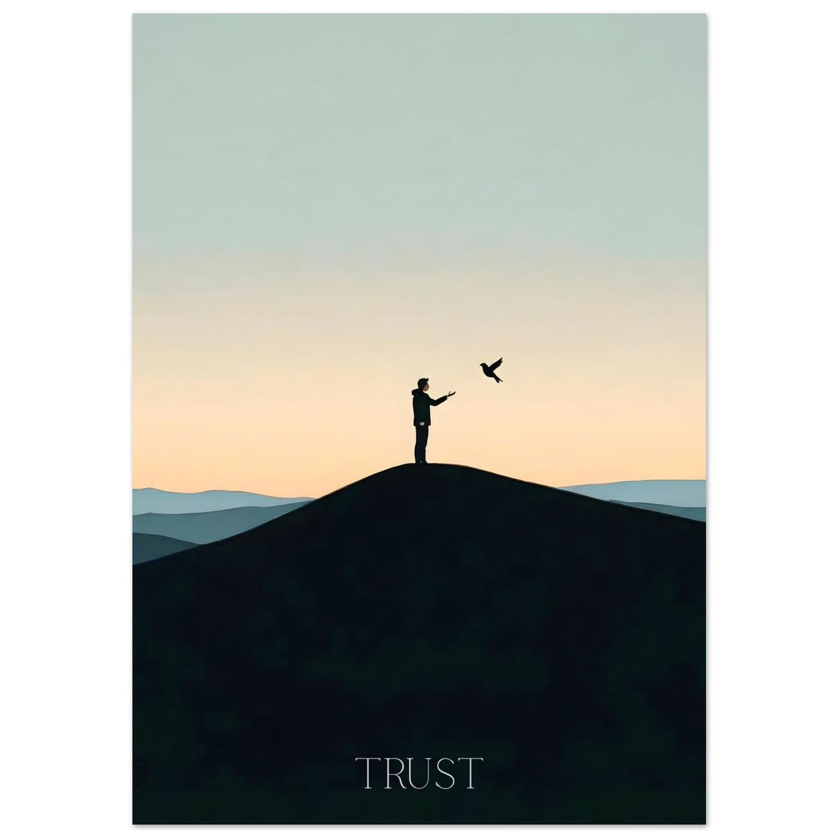Silhouette of a person on a hill with a bird, against a gradient sky with 'TRUST' at the bottom.