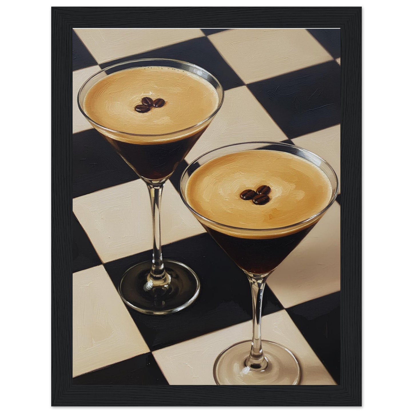 Framed Espresso Martini print featuring two classic cocktails with rich coffee tones and a geometric checkerboard pattern.