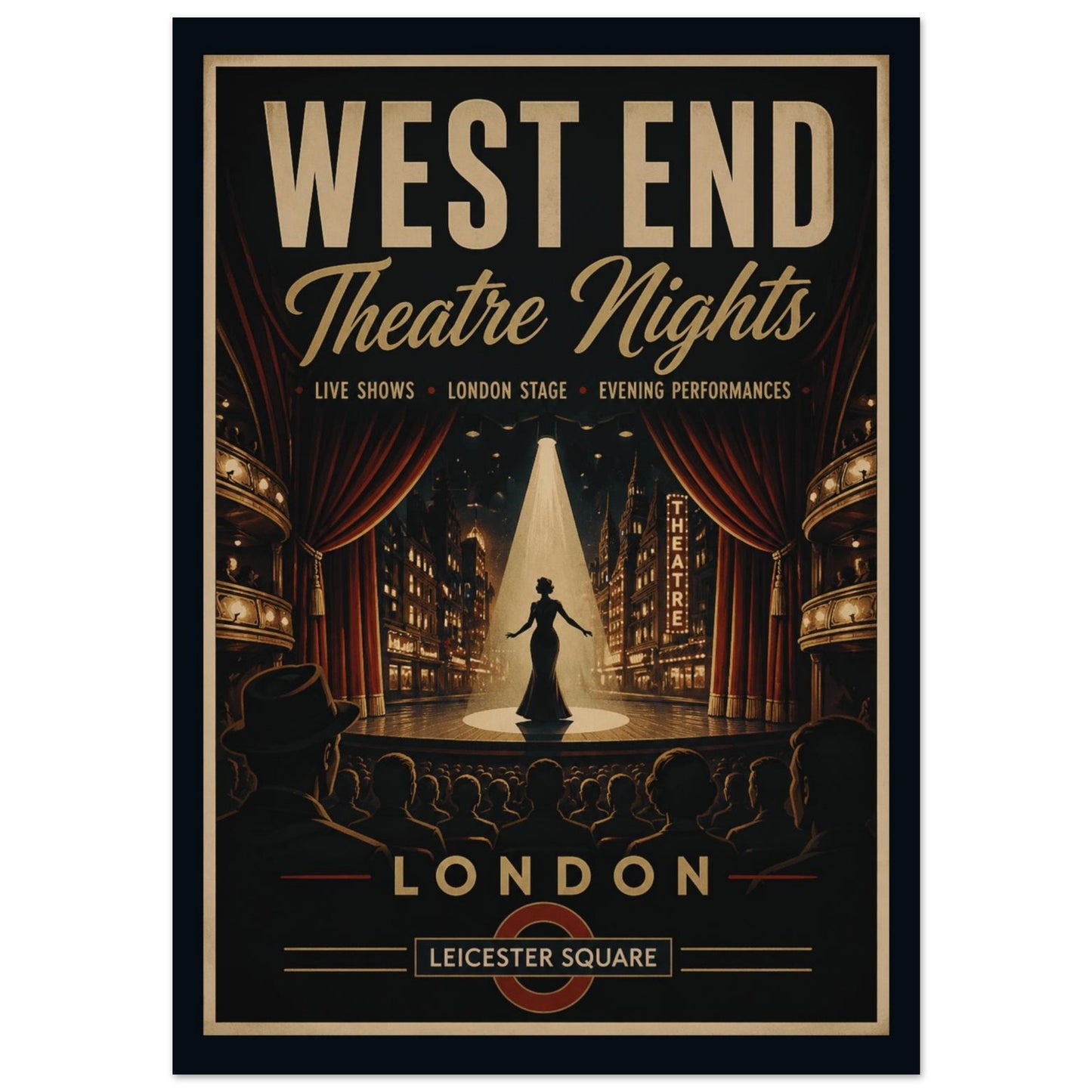 Poster advertising West End Theatre Nights with a stage and curtain design.