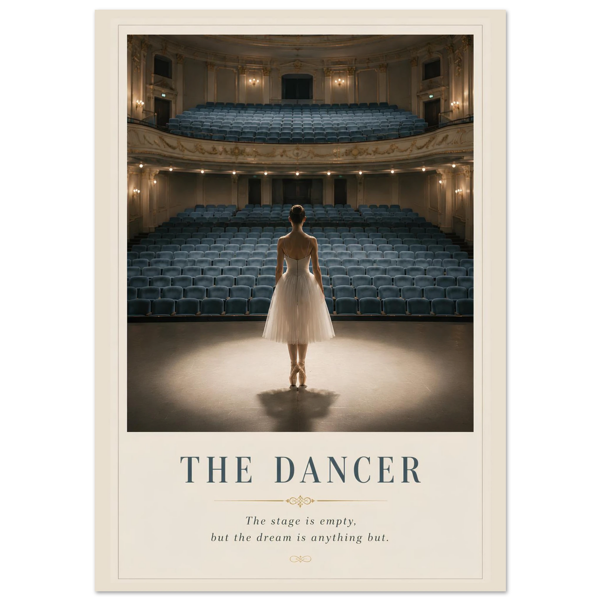 Poster of a dancer in an empty theater with text 'The Dancer' and 'The stage is empty, but the dream is anything but.