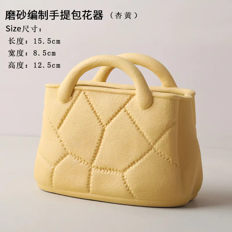 Yellow handbag with quilted design on a light gray background