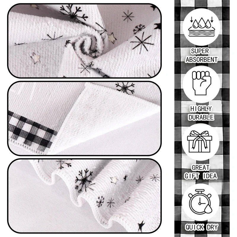 Textured fabric with black patterns on a checkered border with product features.