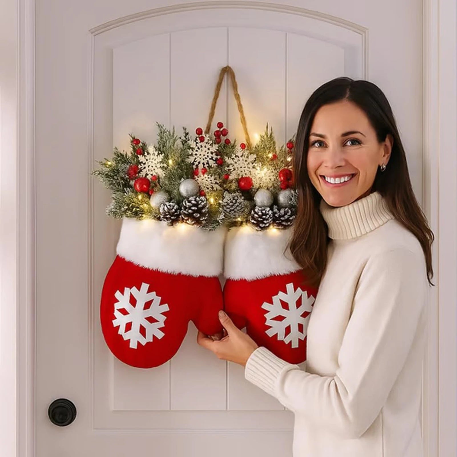 Woman holding a pair of red Christmas stockings with snowflake designs against a white door.