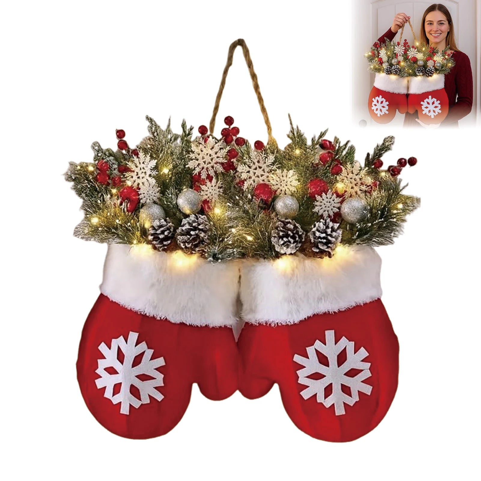 Decorative Christmas stocking with floral arrangement and lights, featuring snowflake designs.