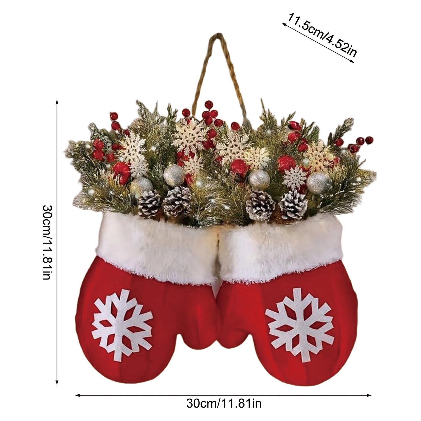 Decorative red mitten-shaped basket with floral arrangement and measurements on a white background