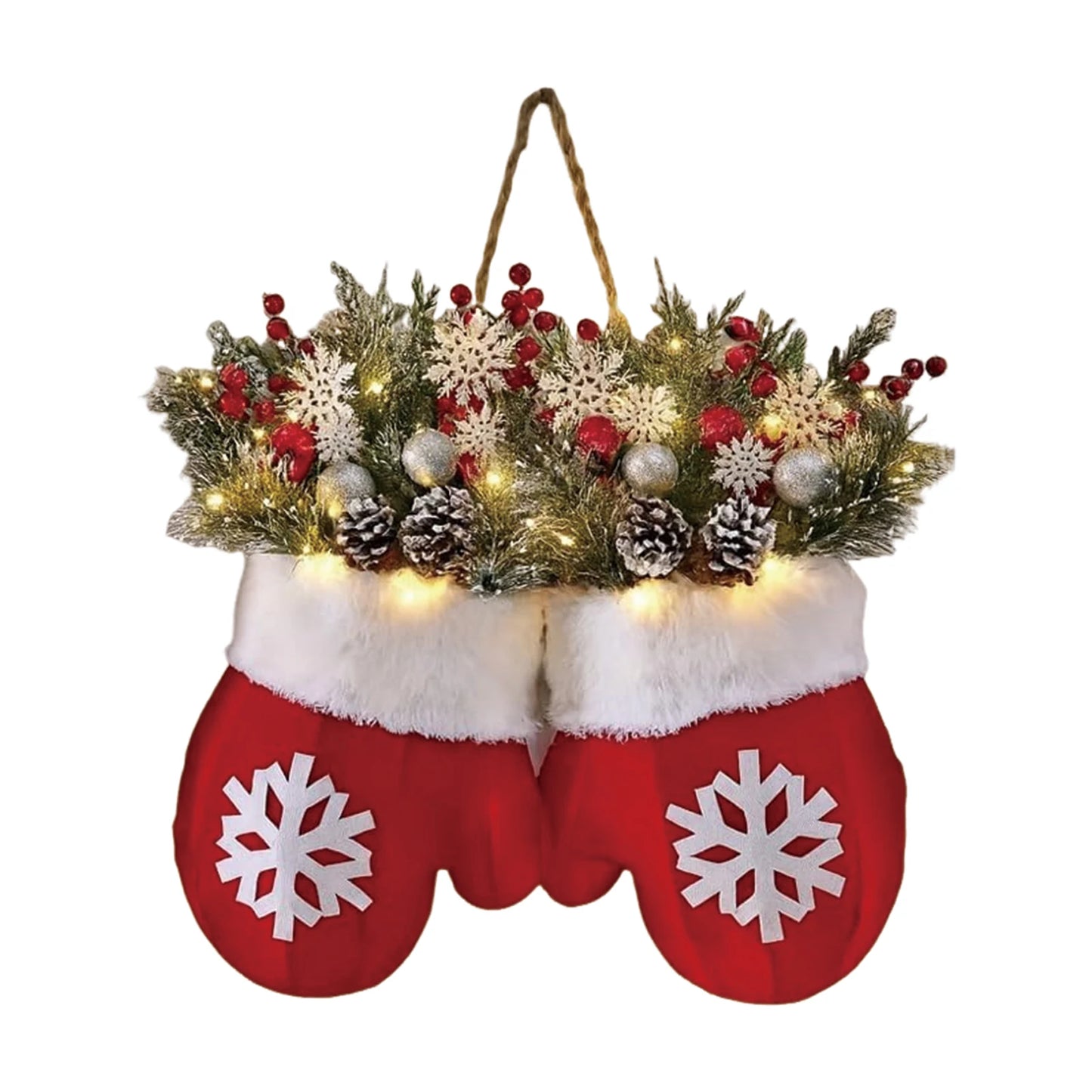 Decorative Christmas stocking with red mittens, white snowflakes, and festive greenery on a white background.