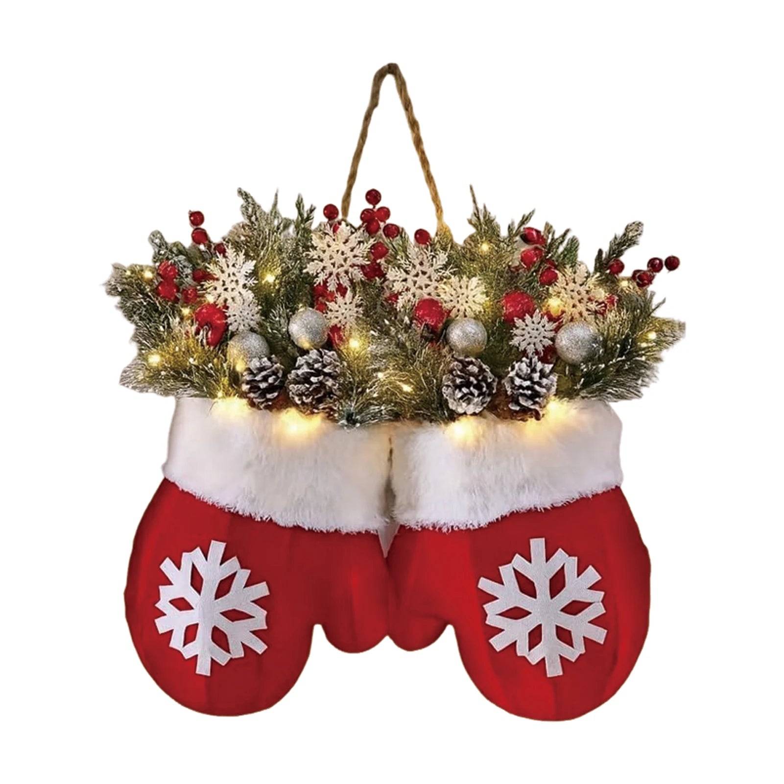 Decorative Christmas stocking with red mittens, white snowflakes, and festive greenery on a white background.