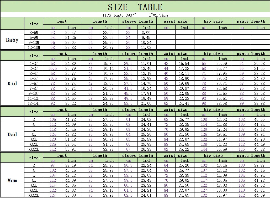 Size chart for baby, kid, and dad clothing with measurements in inches.