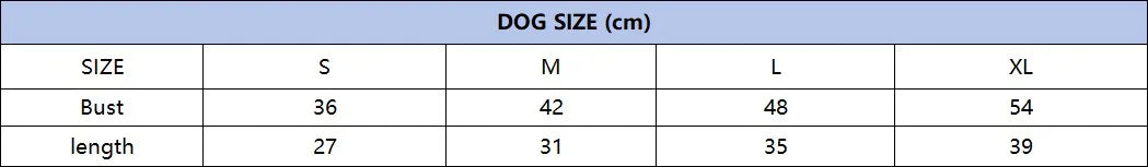 Table showing dog size measurements in centimeters for different sizes.