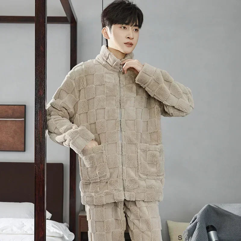 Person wearing a beige quilted pajama set in a bedroom setting