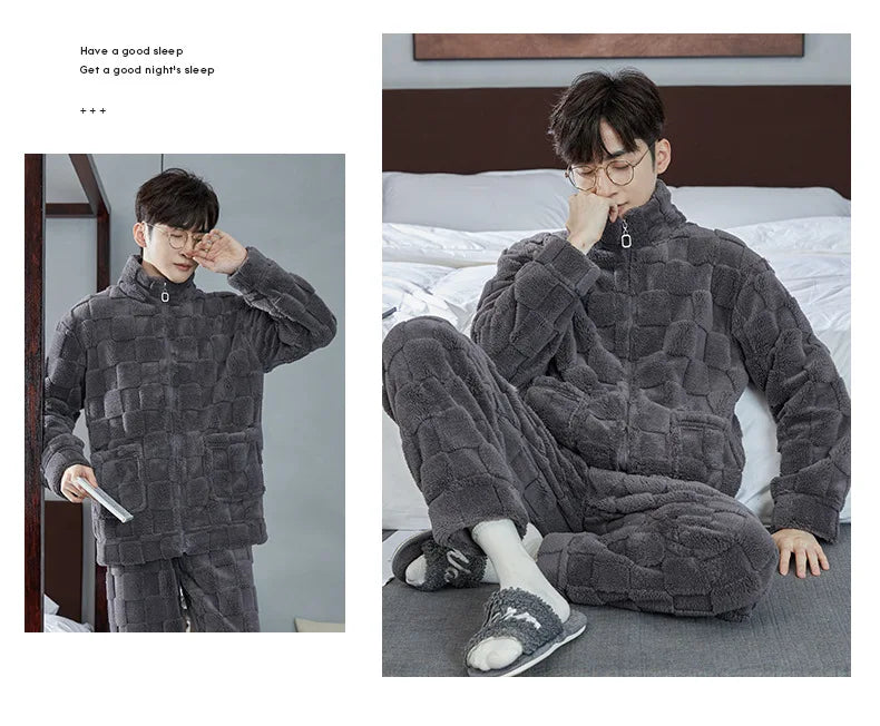 Person wearing a gray flannel pajama set in a bedroom setting.