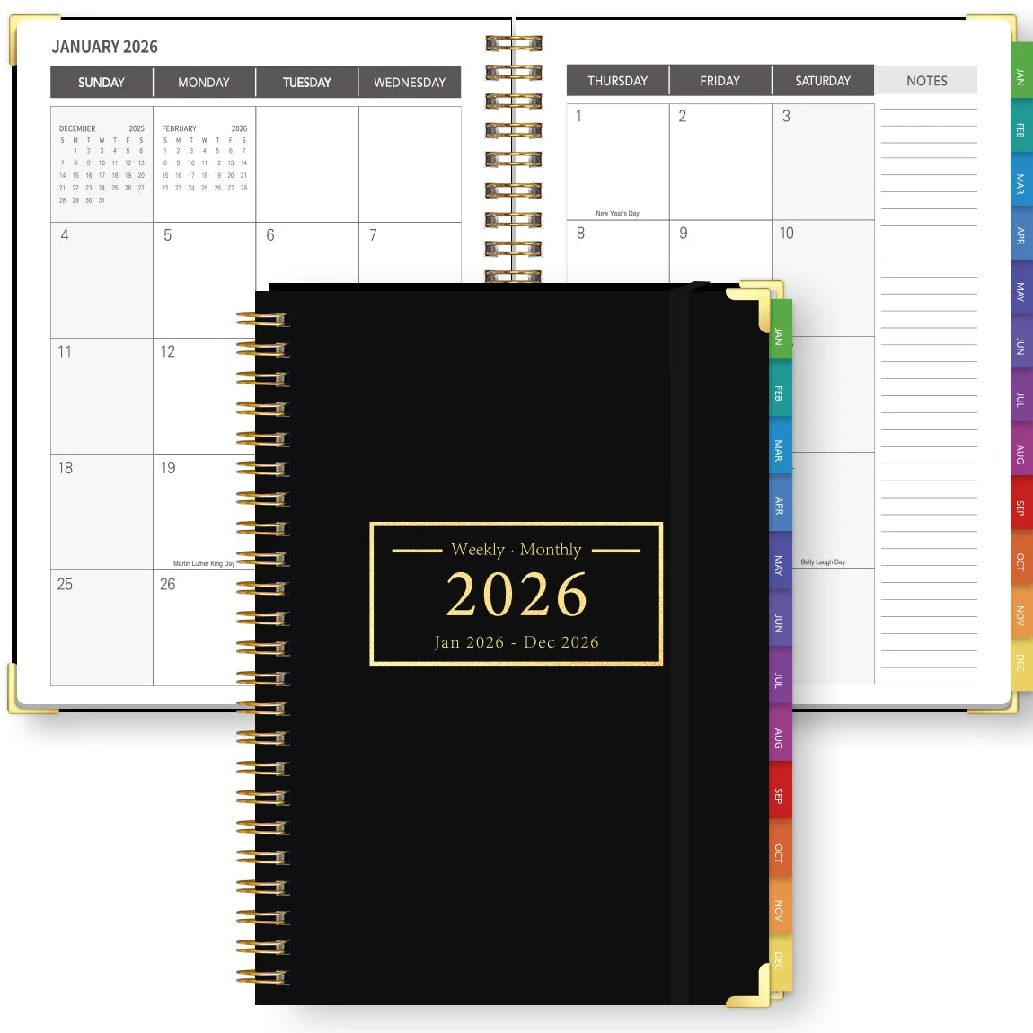 Black planner with '2026' on a white background
