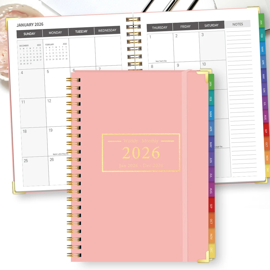 Compact A5 2026 planner for time management and goal setting, spiral bound organiser with monthly and weekly layout