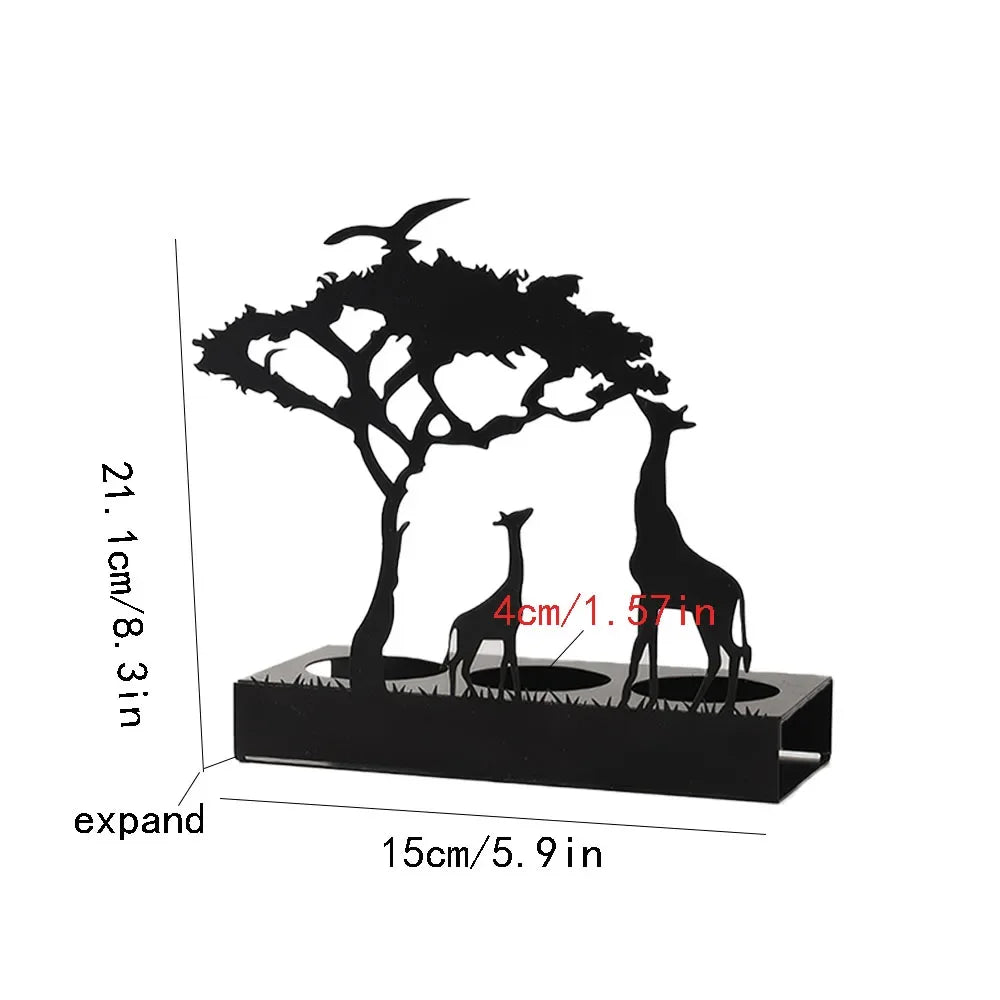 Decorative candle holder with a giraffe and tree design showing the dimensions