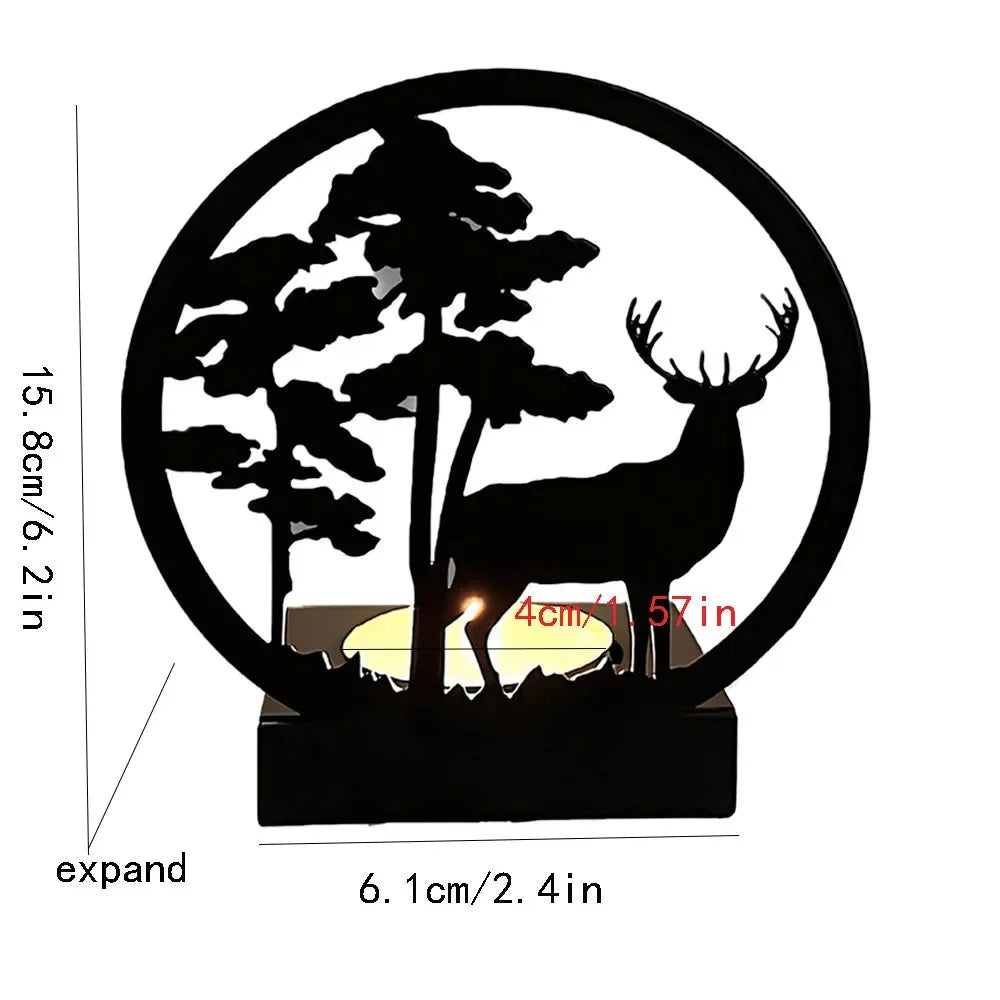 Decorative candle holder with a deer and tree design showing dimensions