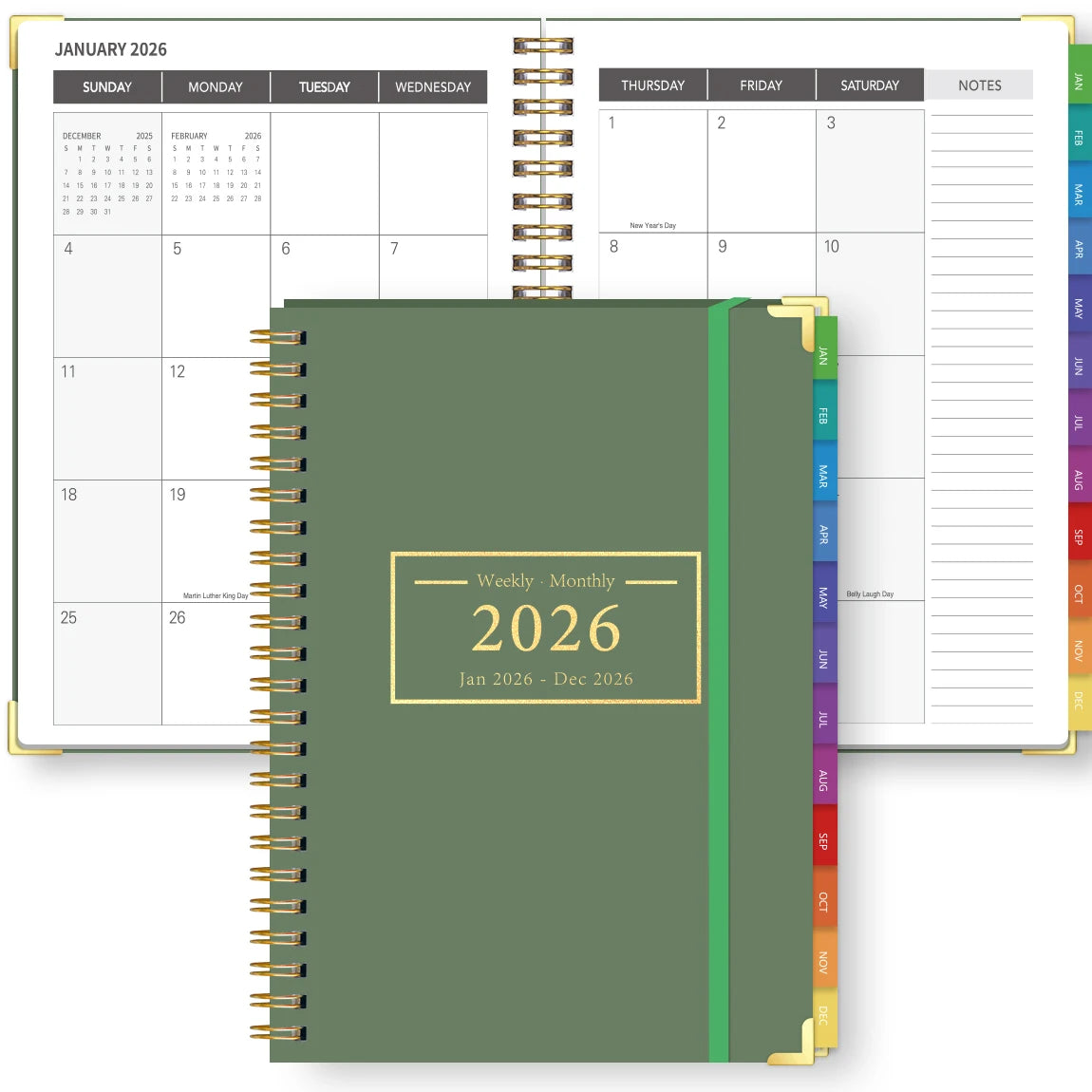 Green planner with 2026 calendar and weekly monthly layout on a white background