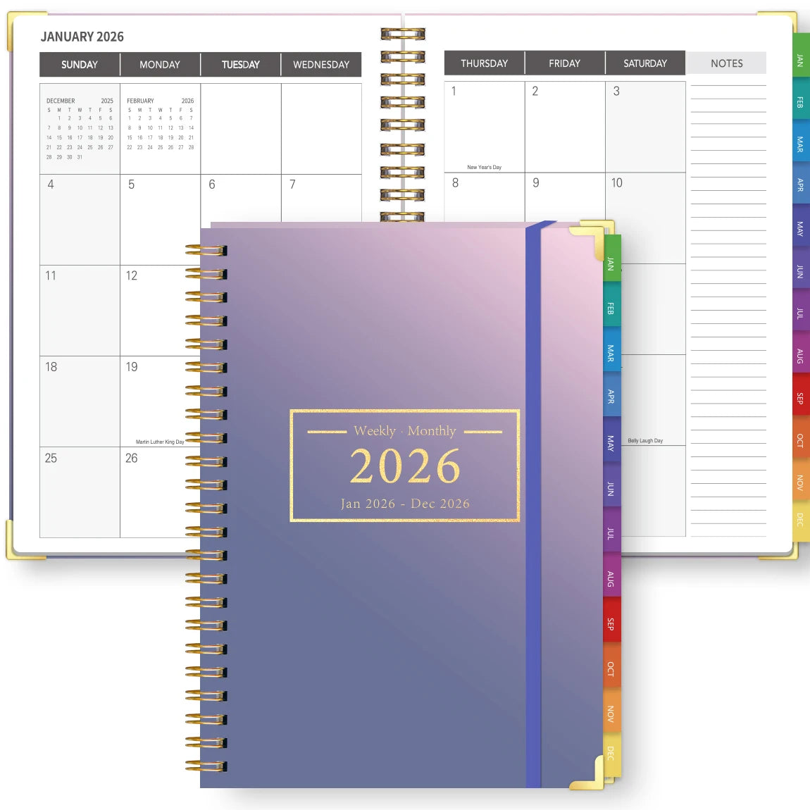 Purple 2026 A5 diary style planner with divider tabs and spiral binding, desktop flatlay with flowers