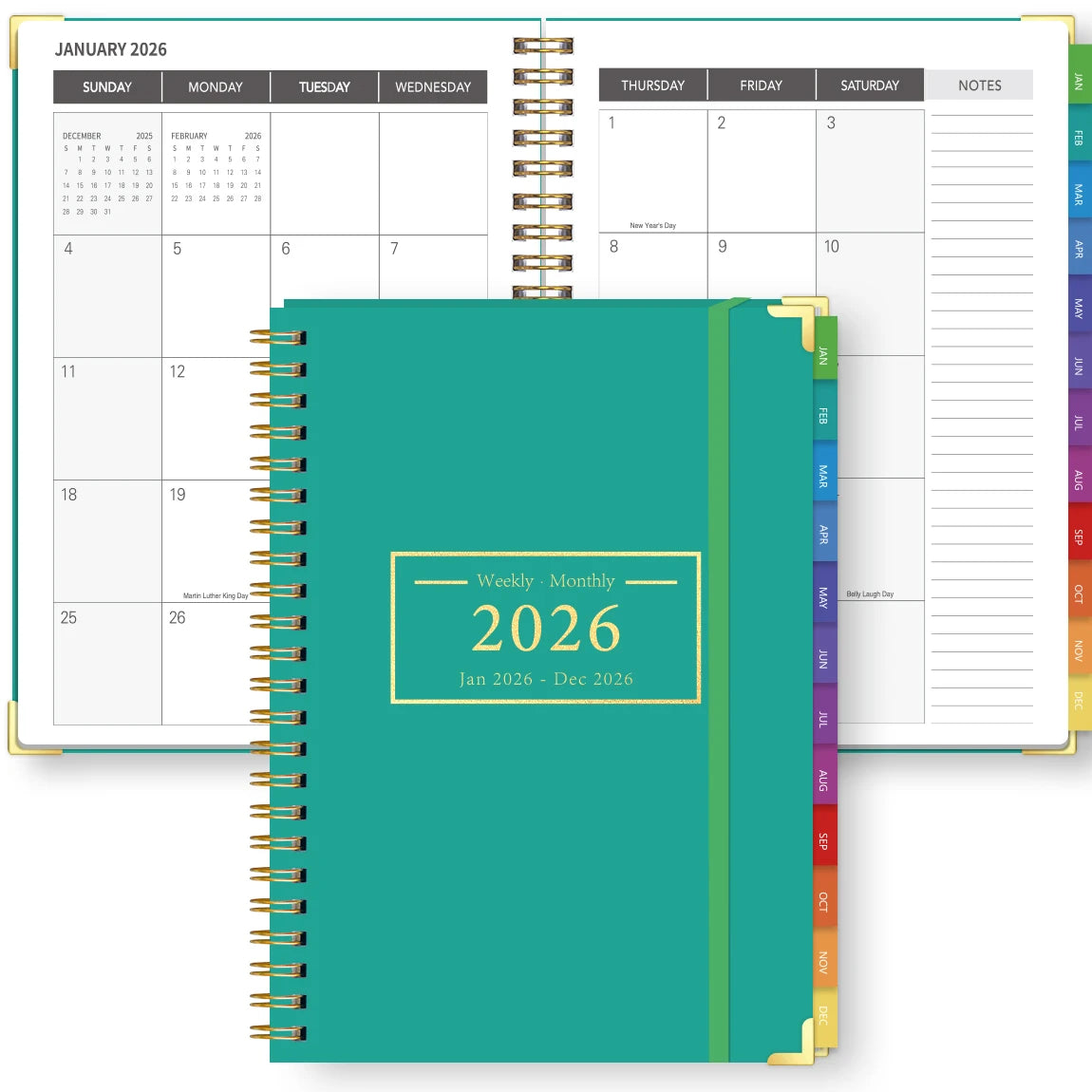 Green 2026 A5 diary style planner with divider tabs and spiral binding, desktop flatlay with flowers