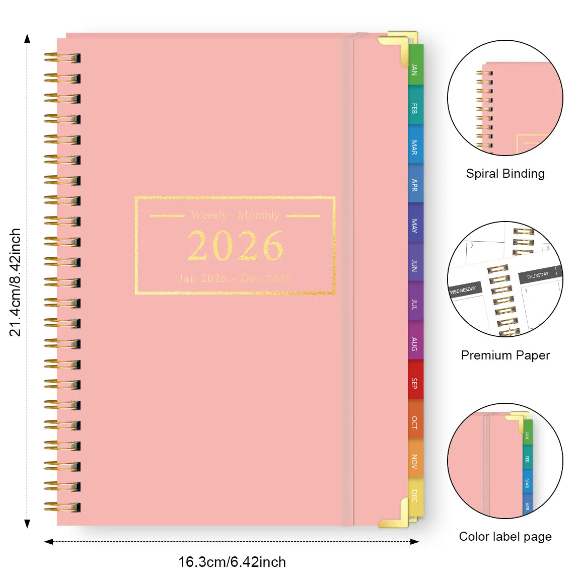 Pink 2026 A5 diary style planner with divider tabs and spiral binding, desktop flatlay with flowers