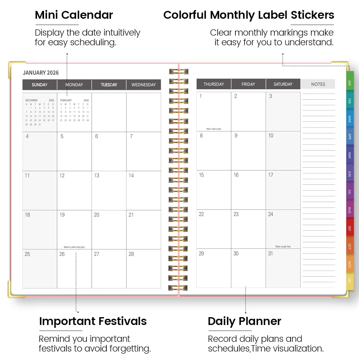 Compact A5 2026 planner for time management and goal setting, spiral bound organiser with monthly and weekly layout