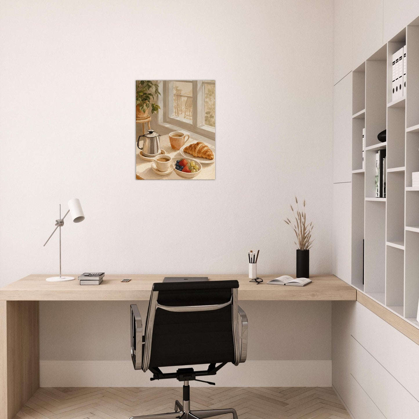 Modern home office with a desk, chair, and wall art of a kitchen scene.